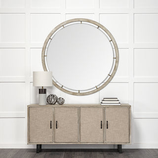 Sonance Round Brown Wood Frame Mirror Lifestyle Image Feature