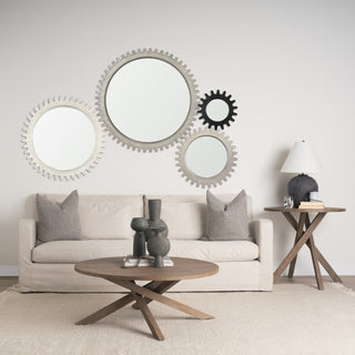 Cog Mirror Round Gray Wood Frame Mirror Lifestyle Image Feature