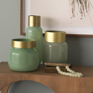 Minty Medium Green Glass Vase W/Matte Gold Metal Neck Cuff Lifestyle Image Feature