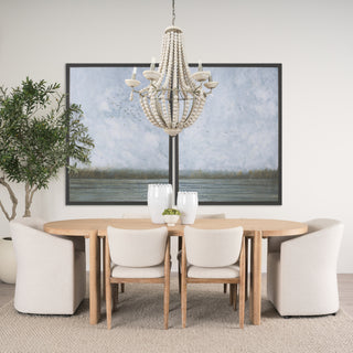 Phillum Silver Metal Chassis and White Wood Beaded Six Bulb Chandelier Lifestyle Image Feature