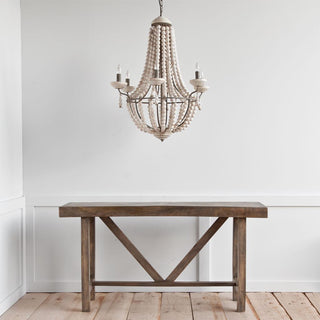 Phillum Silver Metal Chassis and White Wood Beaded Six Bulb Chandelier Lifestyle Image Feature