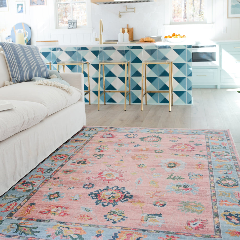 Oriental Weavers Addison ADD01 Pink/ Blue Machine Washable Area Rug by PRINTS Lifestyle Image Feature
