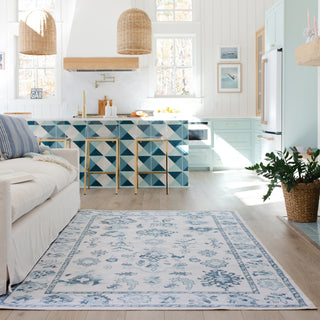 Oriental Weavers Addison ADD02 Ivory/ Blue Machine Washable Area Rug by PRINTS Lifestyle Image Feature
