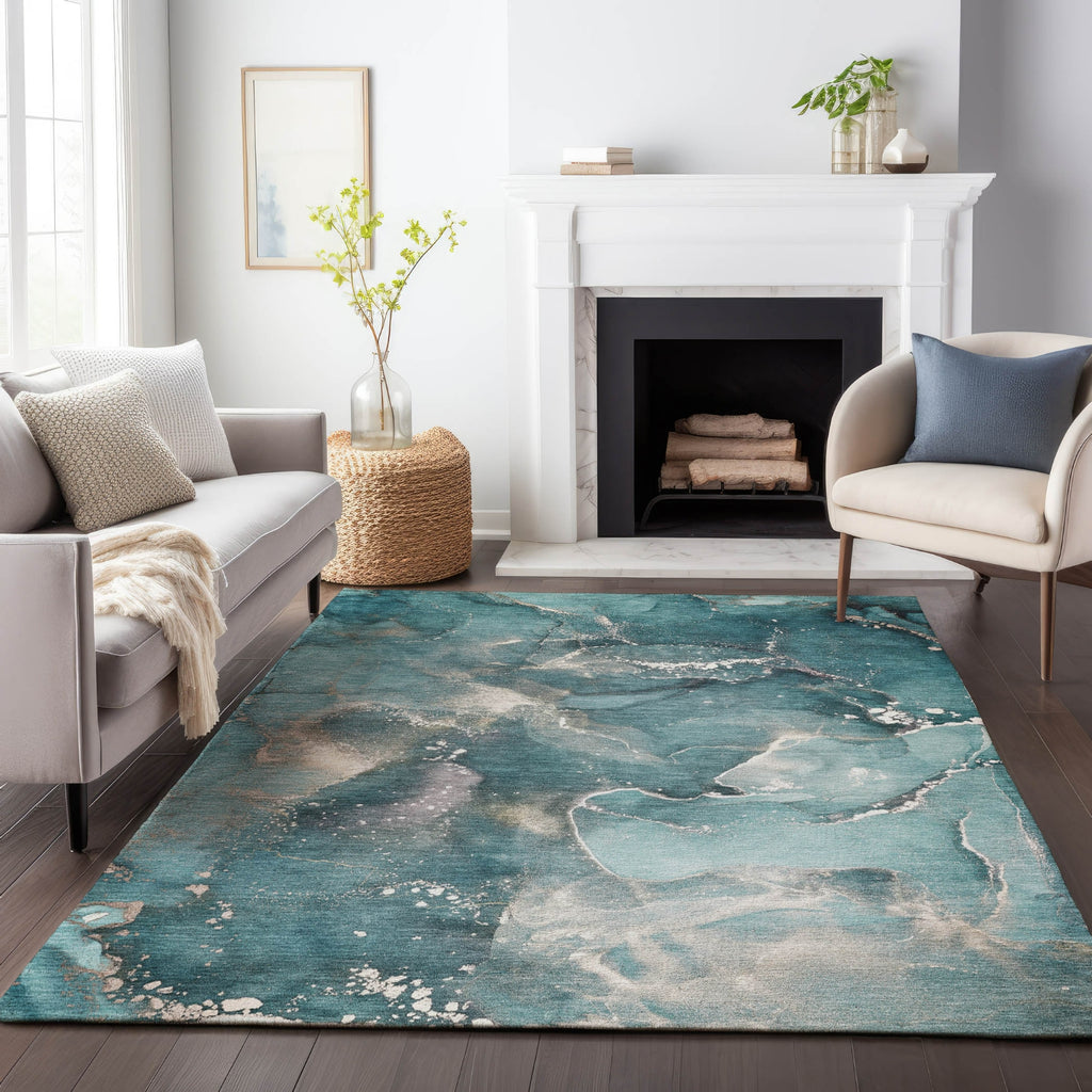 Dalyn Odyssey OY11 Teal Machine Washable Area Rug Lifestyle Image Feature