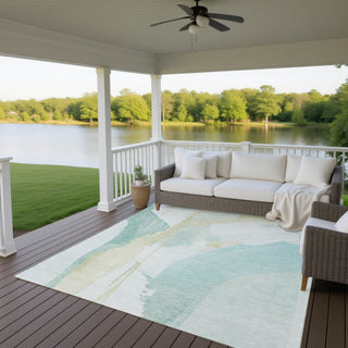 Dalyn Ravenna RN7 Teal Machine Washable Area Rug Outdoor Lifestyle Image Feature