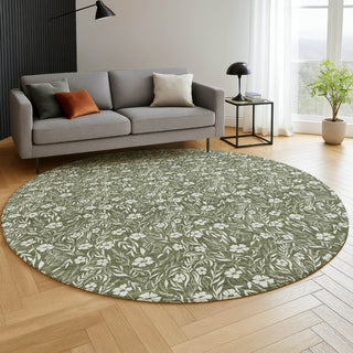 Dalyn Soft Essentials SE4 Olive Machine Washable Area Rug Round Lifestyle Image Feature