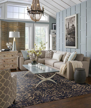 Karastan Cosmopolitan Block Print Ink Blue Area Rug by Patina Vie Room Scene Featured