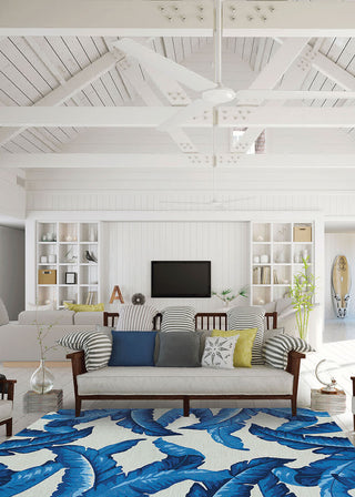 Couristan Covington Palm Leaves Blue Area Rug Lifestyle Image Feature