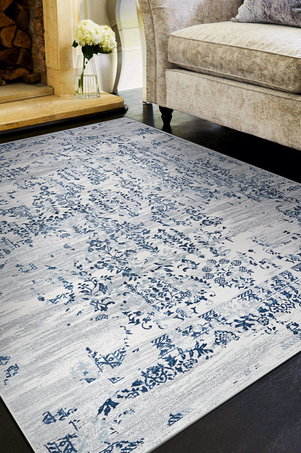 Couristan Calinda Samovar Steel Blue/Ivory Area Rug Lifestyle Image Feature
