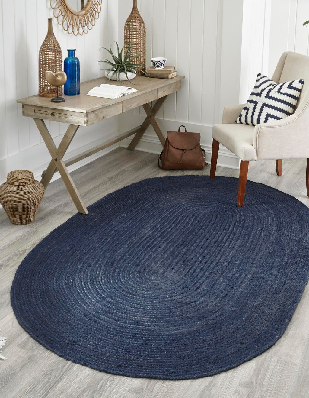 Unique Loom Braided Jute MGN-5-7-8 Navy Blue Area Rug Oval Lifestyle Image Feature