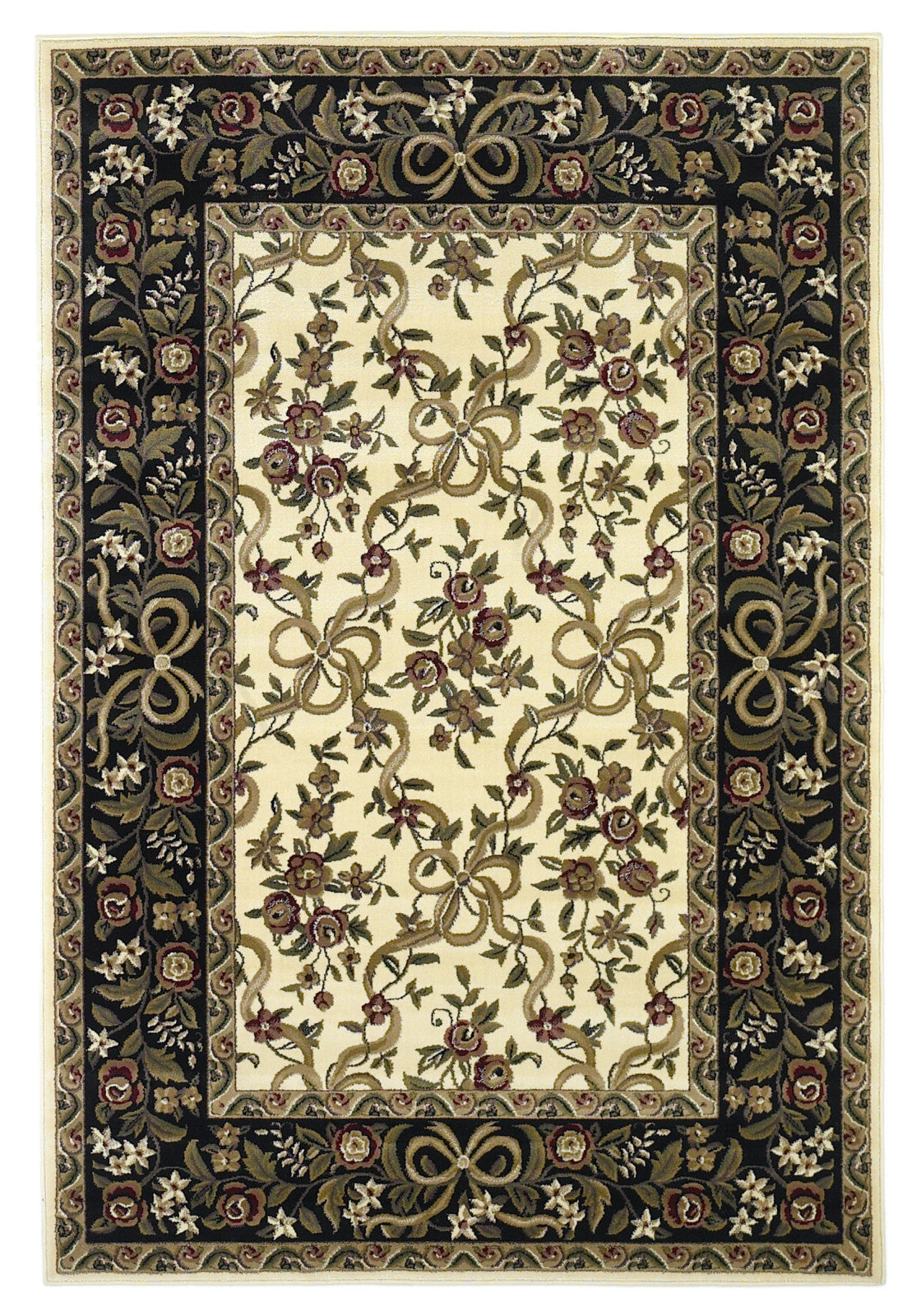 KAS Cambridge 7310 Ivory/Black Floral Ribbons Machine Woven Area Rug
