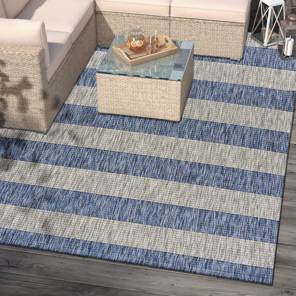LR Resources Catalina Coastal Stripes Navy / Gray Area Rug Lifestyle Image Feature