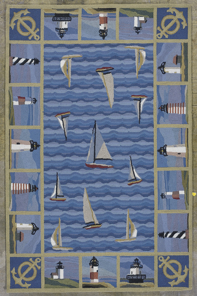 KAS Colonial 1335 Blue Light Houses Hand Hooked Area Rug