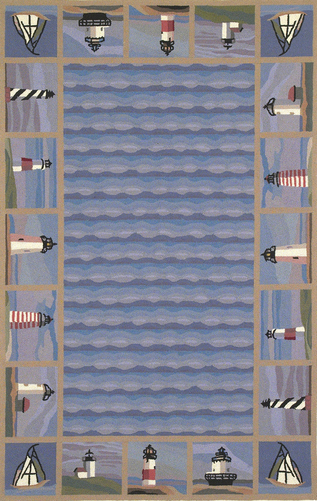 KAS Colonial 1802 Blue Lighthouse Waves Hand Hooked Area Rug