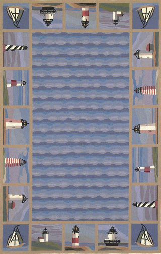 KAS Colonial 1802 Blue Lighthouse Waves Hand Hooked Area Rug