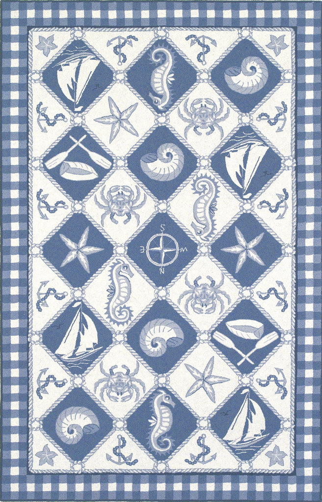 KAS Colonial 1807 Blue/Ivory Nautical Panel Hand Hooked Area Rug