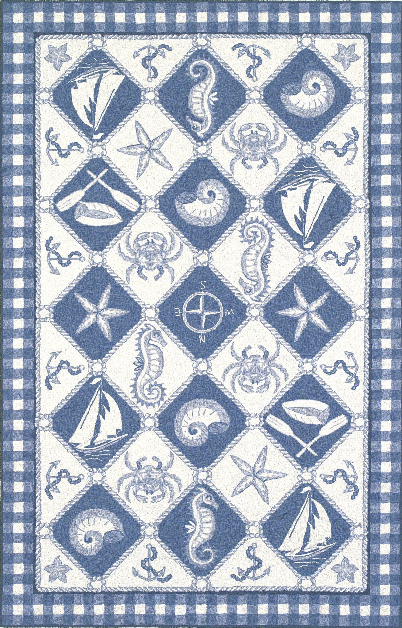 KAS Colonial 1807 Blue/Ivory Nautical Panel Hand Hooked Area Rug