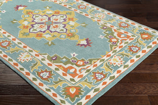 Surya Cosmopolitan COS-9308 Teal Mustard Burnt Orange Bright Khaki Cream Dark Green Purple Area Rug Mirror Corner Image