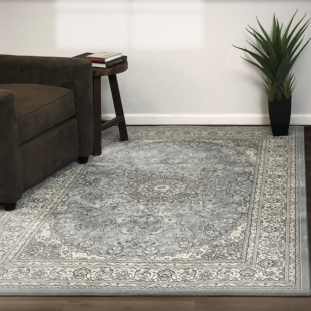 Dynamic Rugs Ancient Garden 57119 Steel Blue/Cream Area Rug Lifestyle Image Feature