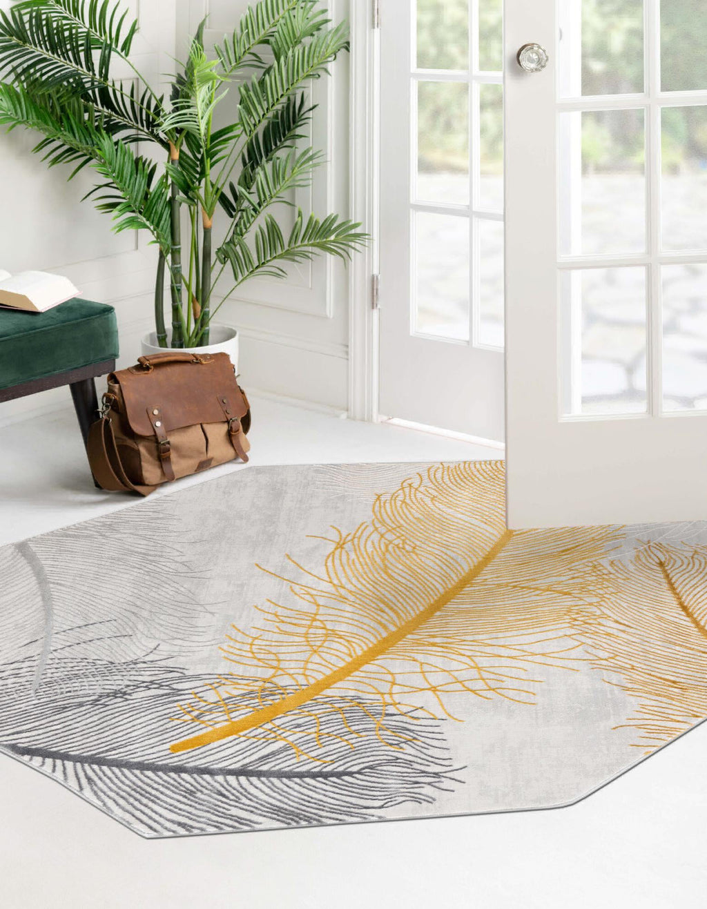 Unique Loom Finsbury T-FBRY7 Yellow Gray Area Rug Octagon Lifestyle Image Feature