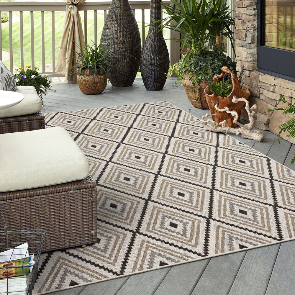 Karastan Drew and Jonathan Outdoor Oldenburg Charcoal Area Rug Room Scene Featured