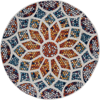 LR Resources Kismet Mosaic Flower Ivory / Navy Area Rug 4' 4'' Round Image