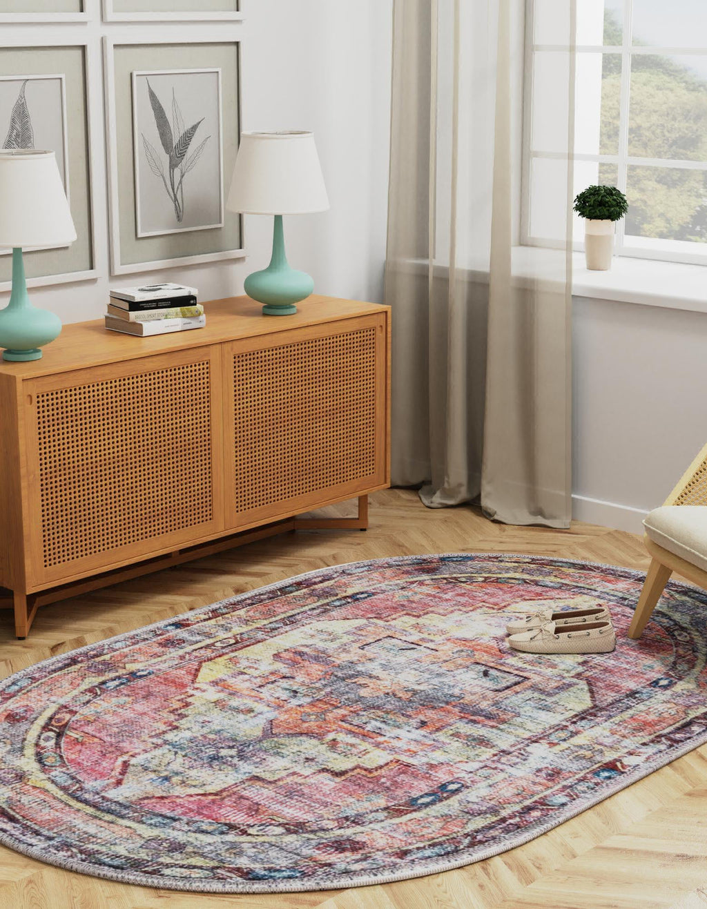 Unique Loom Maahru T-MAHR4 Yellow Pink Area Rug Oval Lifestyle Image Feature