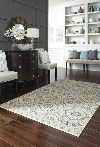 Mohawk Home Woodbridge Santa Ana Aqua Area Rug Room Scene Feature