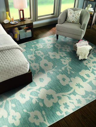 Mohawk Home Aurora Burbank Blossom Teal Area Rug Room Scene Feature