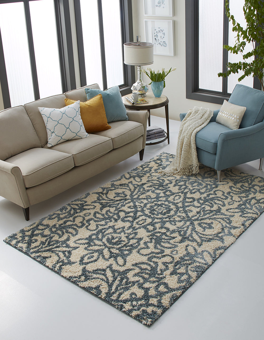 Mohawk Home Augusta Spokane Abyss Blue Area Rug Room Scene Feature