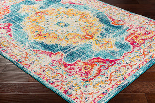 Surya Morocco MRC-2303 Teal Pale Blue Navy Bright Orange Fuchsia Red Saffron Yellow Light Gray Camel Beige White Area Rug Corner Image