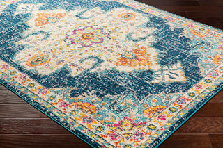 Surya Morocco MRC-2308 Teal Navy Pale Blue Fuchsia Bright Orange Saffron Yellow Camel Coral Charcoal Light Gray Dark Brown Beige White Area Rug Corner Image