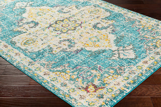 Surya Morocco MRC-2310 Teal Pale Blue Camel Saffron Light Gray Fuchsia Bright Orange Coral Yellow Beige White Area Rug Mirror Corner Image
