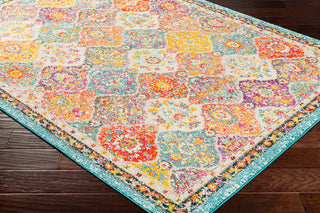 Surya Morocco MRC-2313 Teal Pale Blue Bright Orange Fuchsia Saffron Yellow Light Gray Red Coral Grass Green Camel Charcoal Dark Brown Beige White Area Rug Mirror Corner Image