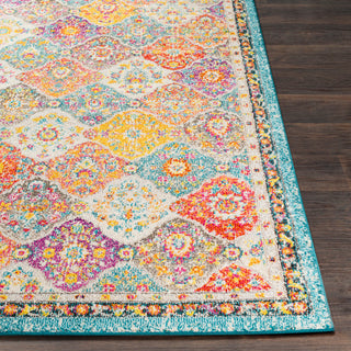 Surya Morocco MRC-2313 Teal Pale Blue Bright Orange Fuchsia Saffron Yellow Light Gray Red Coral Grass Green Camel Charcoal Dark Brown Beige White Area Rug Mirror Detail Image