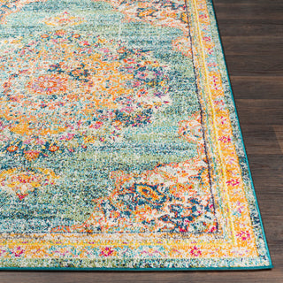 Surya Morocco MRC-2320 Teal Navy Pale Blue Bright Orange Grass Green Red Coral Fuchsia Saffron Yellow Light Gray Camel Beige White Area Rug Mirror Detail Image