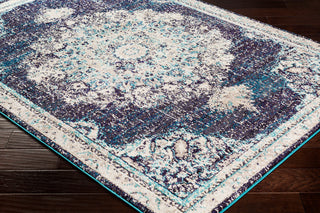Surya Morocco MRC-2322 Navy Teal Pale Blue Dark Brown Charcoal Camel Light Gray Beige White Area Rug Mirror Corner Image