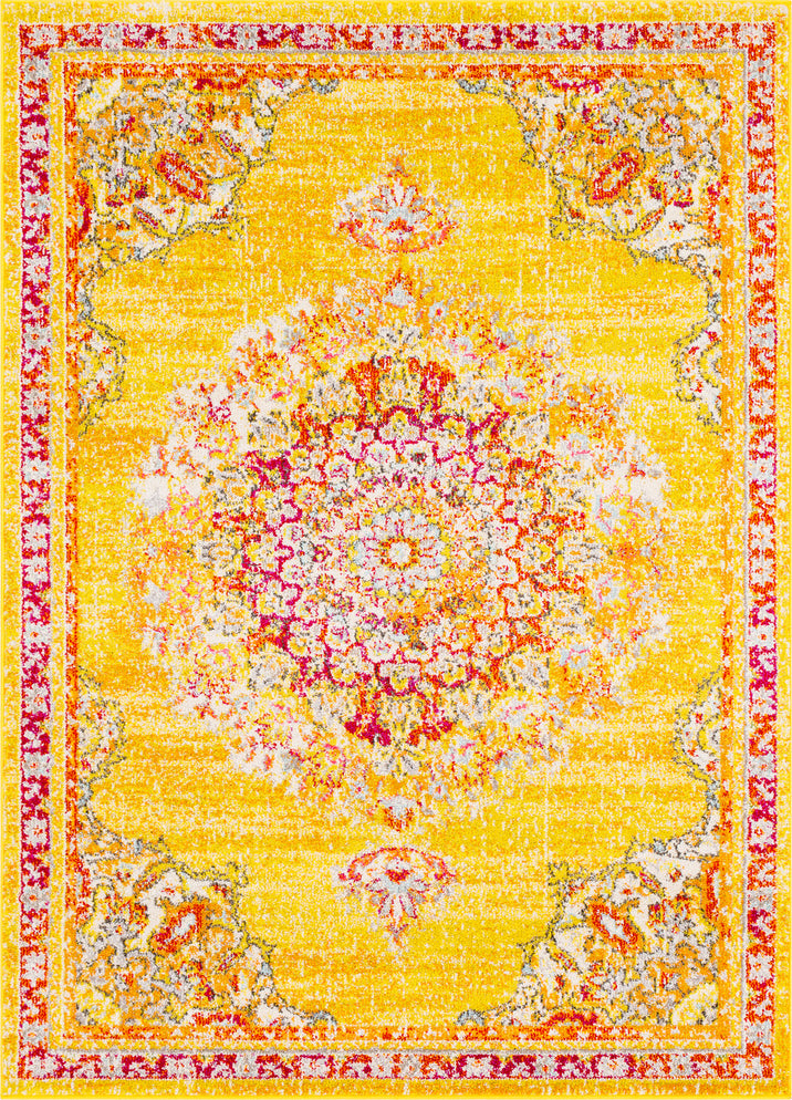 Surya Morocco MRC-2325 Saffron Bright Yellow Orange Camel Red Light Gray Charcoal Pale Blue Coral Fuchsia White Beige Area Rug Mirror main image