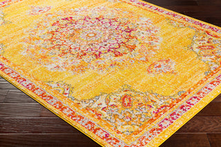 Surya Morocco MRC-2325 Saffron Bright Yellow Orange Camel Red Light Gray Charcoal Pale Blue Coral Fuchsia White Beige Area Rug Mirror Corner Image