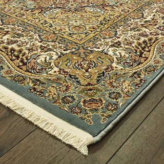 Oriental Weavers Masterpiece 502L2 Blue Gold Area Rug Corner On Wood