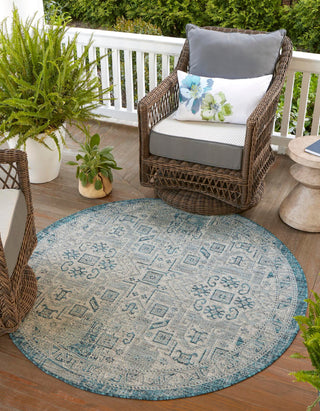 Unique Loom Outdoor Aztec T-KZOD16 Teal Area Rug Round Lifestyle Image