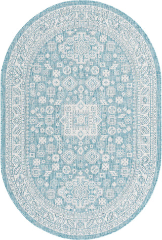 Unique Loom Outdoor Aztec T-KZOD17 Aqua Area Rug Oval Top-down Image