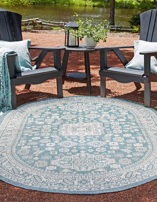 Unique Loom Outdoor Aztec T-KZOD17 Aqua Area Rug Oval Lifestyle Image