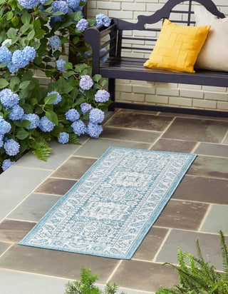 Unique Loom Outdoor Aztec T-KZOD17 Aqua Area Rug Runner Lifestyle Image