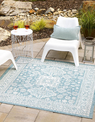 Unique Loom Outdoor Aztec T-KZOD17 Aqua Area Rug Square Lifestyle Image