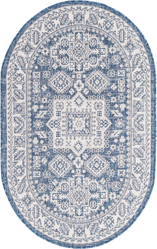 Unique Loom Outdoor Aztec T-KZOD17 Blue Area Rug Oval Top-down Image