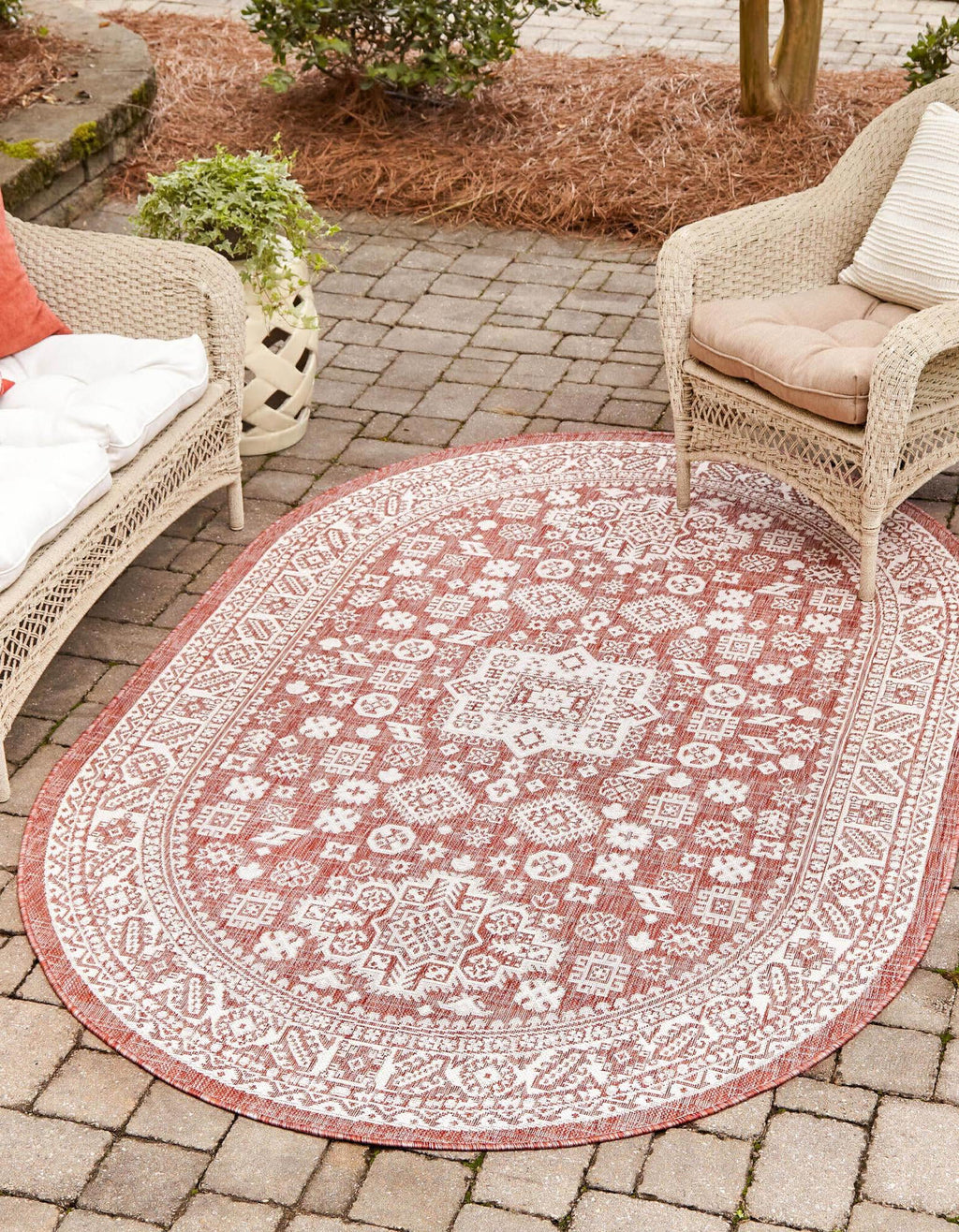 Unique Loom Outdoor Aztec T-KZOD17 Rust Red Area Rug Oval Lifestyle Image Feature