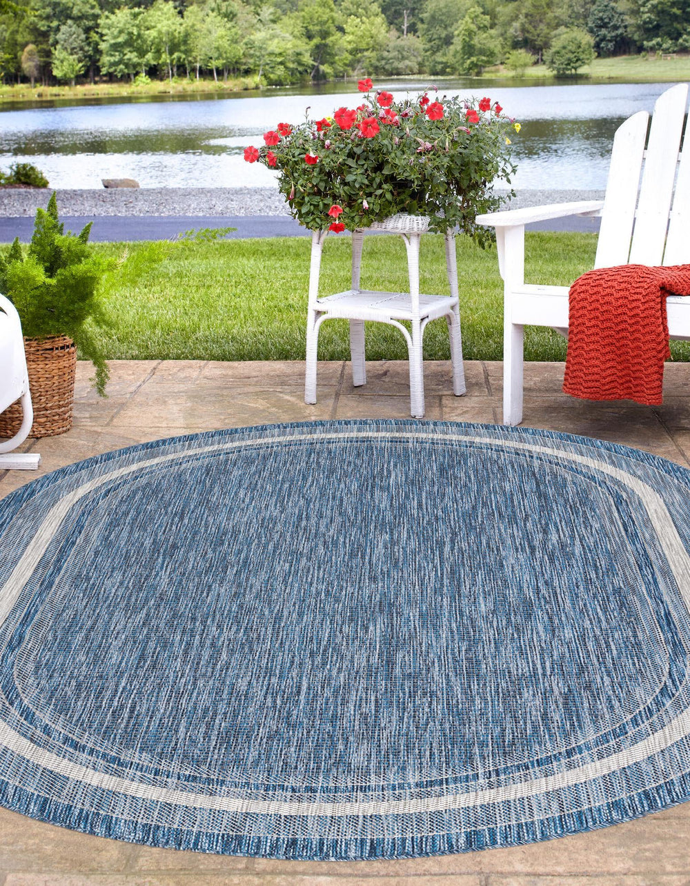 Unique Loom Outdoor Border T-KOZA-20597B Blue Area Rug Oval Lifestyle Image Feature