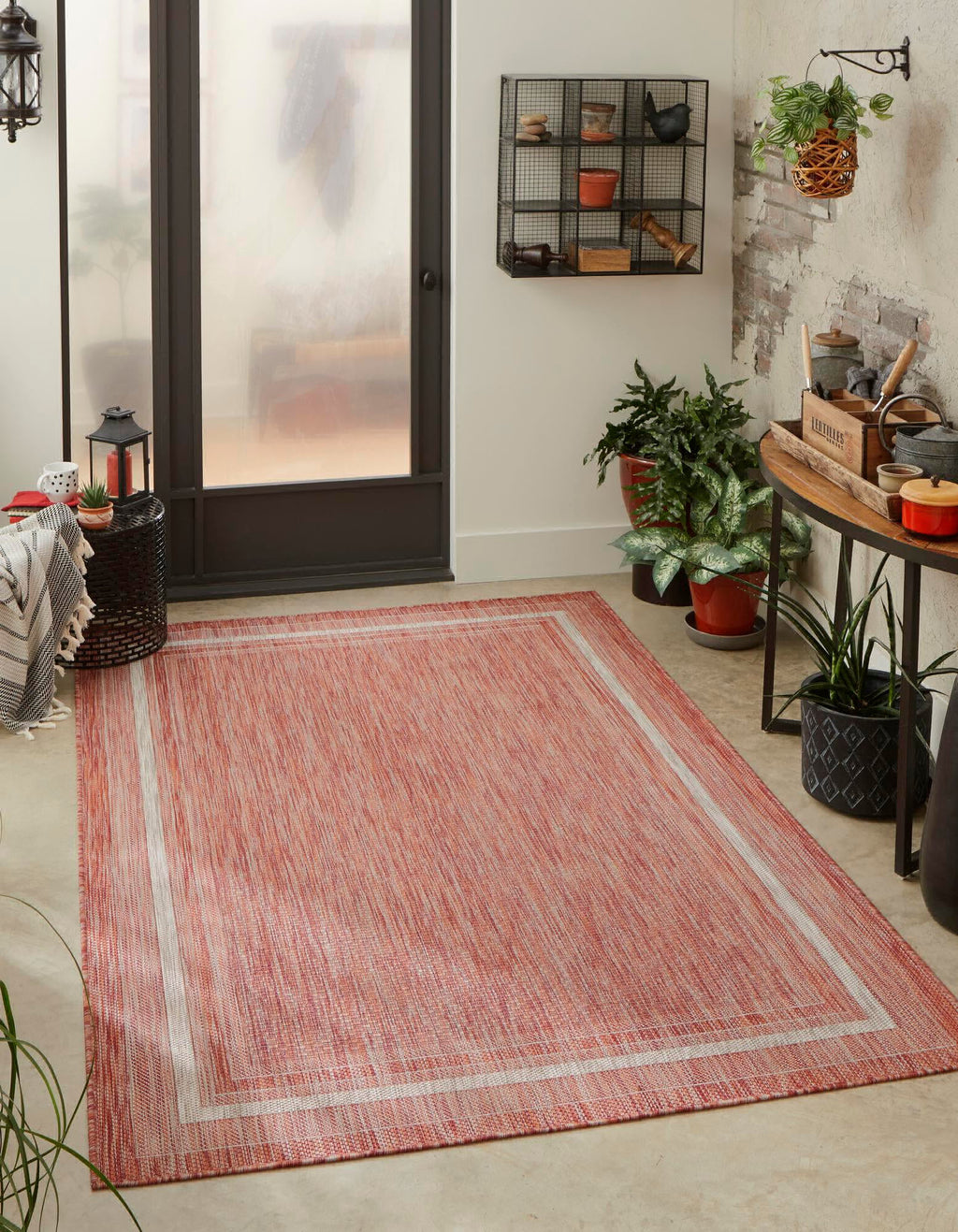 Unique Loom Outdoor Border T-KOZA-20597B Rust Red Area Rug Rectangle Lifestyle Image Feature