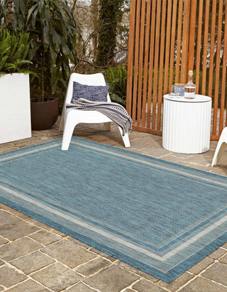 Unique Loom Outdoor Border T-KOZA-20597B Teal Area Rug Rectangle Lifestyle Image
